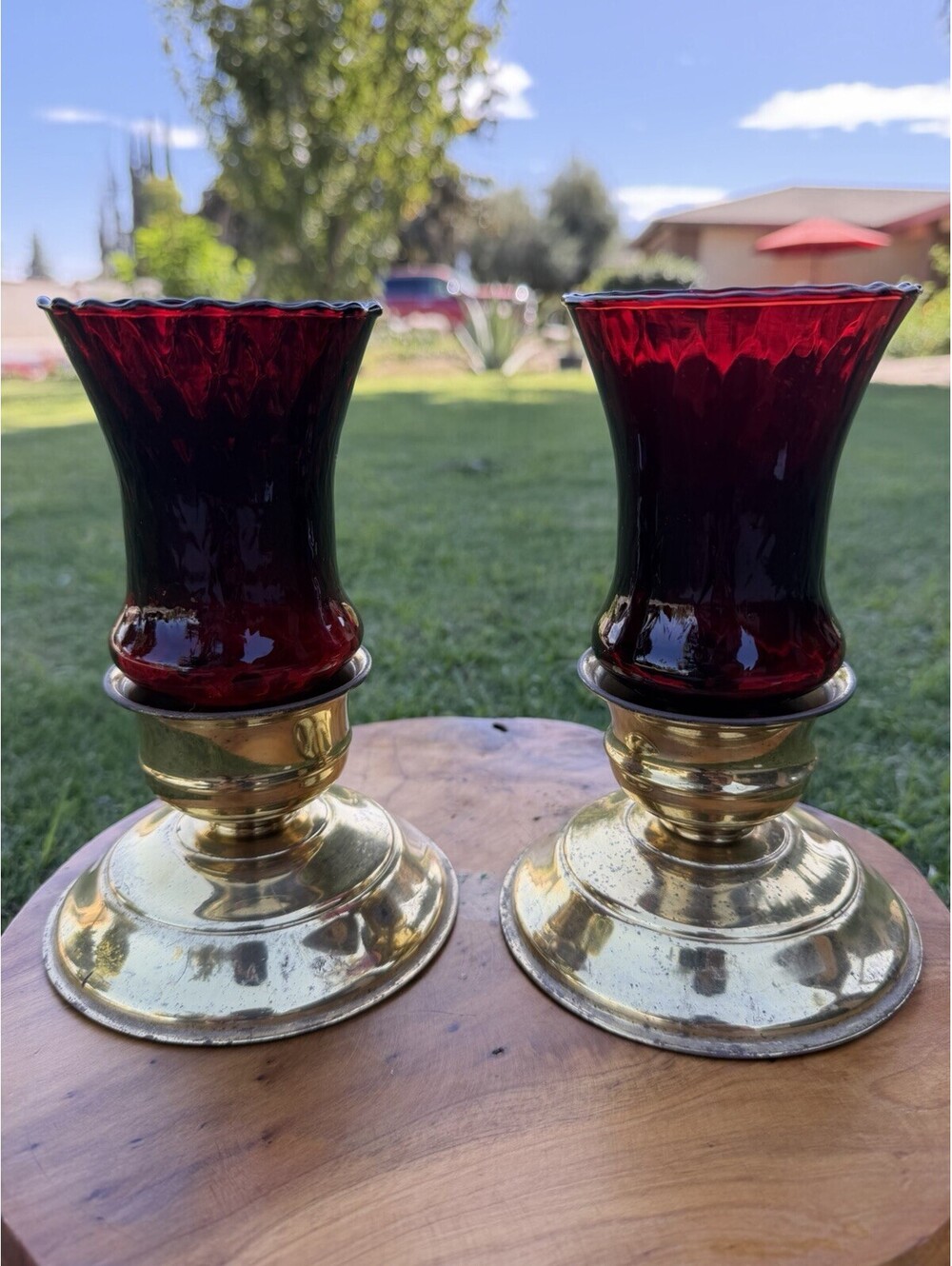 Vintage Brass Candlestick Holders Homco Ruby Red Glass Peg Votives Pair